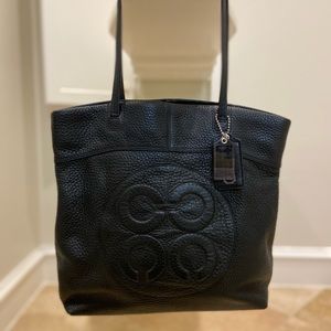 Coach Julia Op Art Black Pebbled Leather Tote Shoulder Handbag 14967